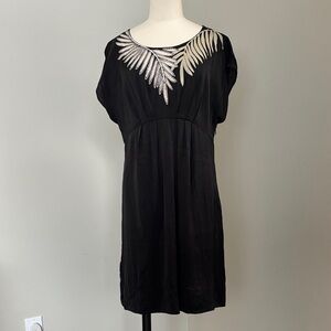BCBGMaxAzria 100% Silk Black Cap Sleeve Dress with Silver Sequin Feather Detail